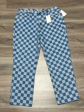 Forever 21 Women's 31 Checkered Blue Jeans 90s Fit Loose Relaxed Leg Grunge NWT